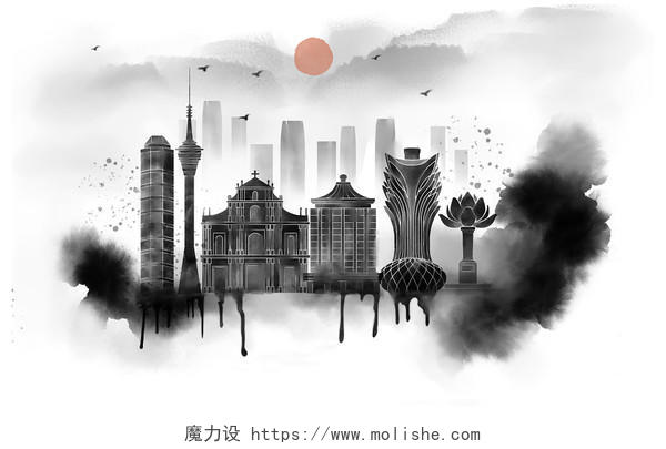 澳门地标建筑的水墨画插画建筑城市背景